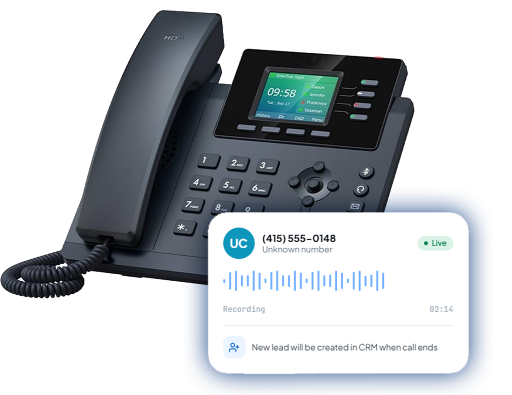 An office desk phone with a live call card overlaid, showing an unknown number being recorded and a new lead that will be created in the CRM when the call ends
