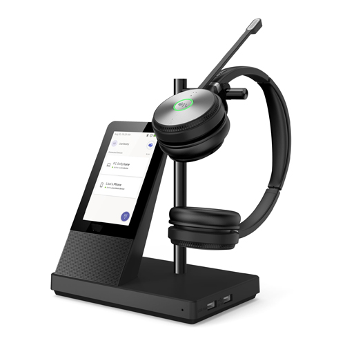 A wireless headset on its charging base with a touchscreen display