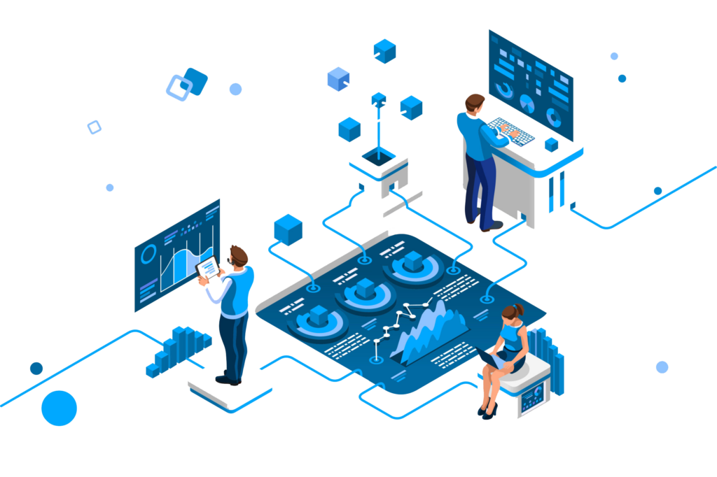 Team members working with connected dashboards, reports and data modules in an Aduvio CRM