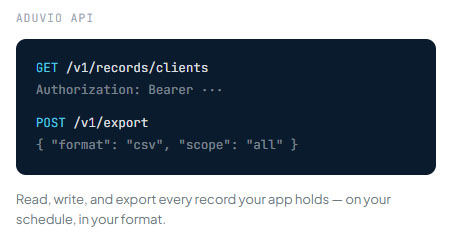 Aduvio API example: a GET request to /v1/records/clients and a POST request to /v1/export